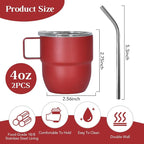 4oz Stackable Cup, Vacuum Insulated Espresso Cup Set of 2, Espresso Mug for Coffee, Double Wall Stainless Steel Mini Tumbler Shot Glasses with Straw and Lid