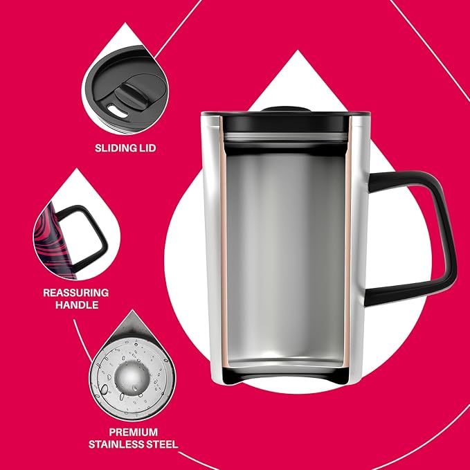 Ideus Vacuum Insulated Coffee Mug, 16oz Reusable Stainless Steel Thermal Double Walled cup with Handle and Slider Lid for Hot & Cold Beverages, BPA Free (Red Zebra)