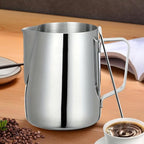 4Pieces Stainless Steel Milk Frothing Pitcher Set, Latte Art Barista Steaming Pitchers Set -Include Milk Frother Cup, Latte Art Pen, Powder Shaker, 5pcs Coffee Decorating Stencils (350ml/11oz)