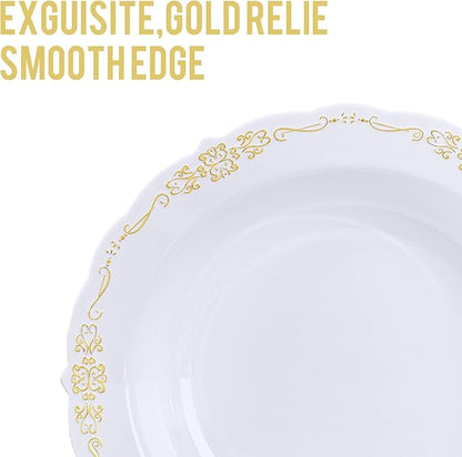 DaYammi 30 Pack Plastic Bowls with Gold Rim, 12oz Disposable Soup Bowls, Heavy Duty Dinner Bowls for Weddings, Parties, Dinners, Catering and Everyday Use