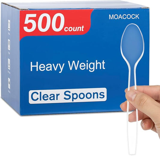 500 Count Clear Plastic Spoons, Heavy Weight Disposable Spoons Cutlery Plastic Utensils, Clear PlasticSilverware Bulk