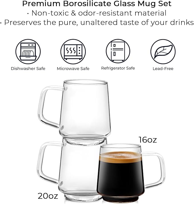 Aquach 16 Oz Glass Coffee Tea Cups, Clear Mugs with Handle, Microwave and Dishwasher safe Home Office Mug Perfect for Americano Latte Hot Beverages, 2-Pack