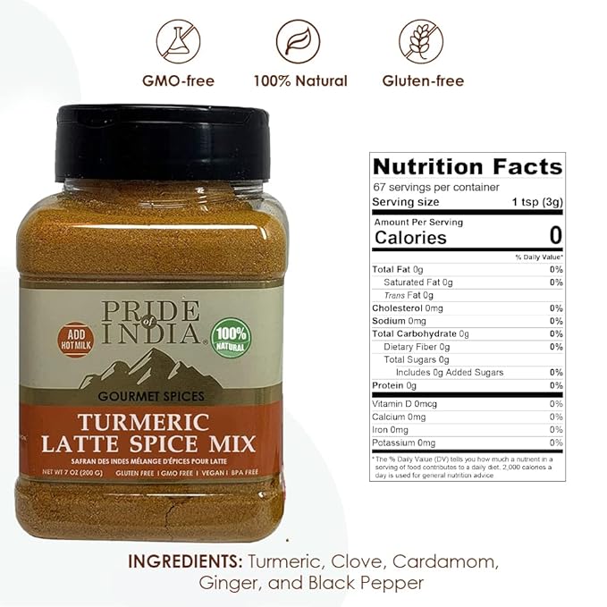 Pride of India - PACK of 6 - Turmeric Latte Spice Mix – Gourmet & Warm Tea Spice Blend – Healthy/Gluten-Free – Ideal for Lattes/Smoothies/Golden Milk – Easy to Store – 7 oz. Medium Dual Sifter Jar