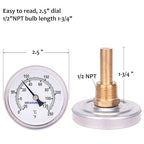 MEASUREMAN Hot Water Bi-Metal Thermometer, 2-1/2" Dial, 1-3/4" Lead-Free Brass Stem, Range 0-250 deg F/-20-120 deg C, 2% Accuracy, Adjustable, 1/2" NPT Back Mount（2 Pack