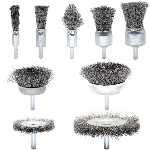 9-Piece Large Wire Brush Wheel Set - Metal Rust Removal, Polishing, Cleaning - 1/4″ (6mm) Shaft - Removes Burrs, Dust, and Paint - Handles Rough Surfaces - Rotary Tool Accessories