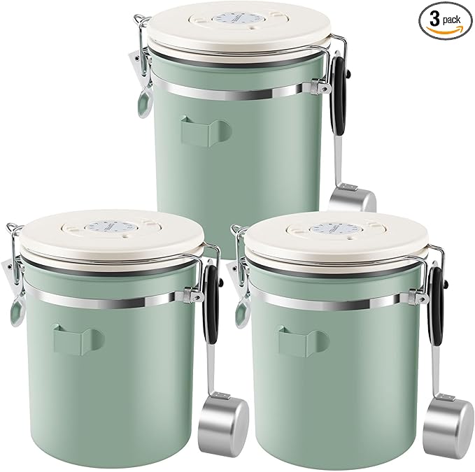 3Pcs Coffee Storage Canister 1.5L Double Airtight Coffee Beans Container with Date Locator 304 Stainless Steel Kitchen Food Storage Container with Spoon for Coffee Beans Grounds Tea,Green Sugar,Green