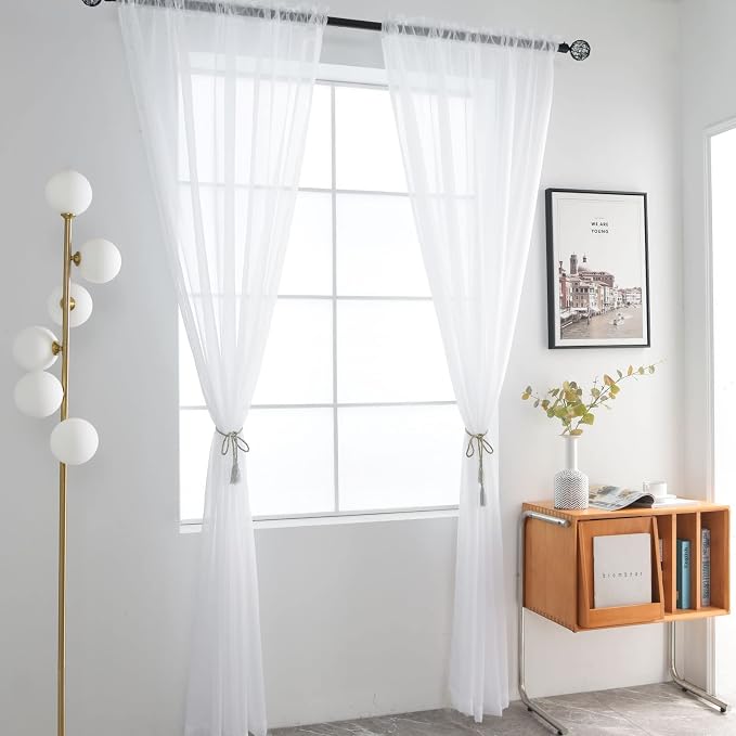 SpaceDresser Basic Rod Pocket Sheer Voile Window Curtain Liners White 2 Panels - Image 2