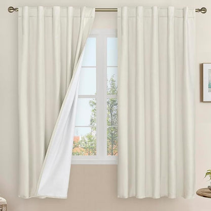 Natural 100% Blackout Linen Curtains 63 Inches 2 Panels, 42 x 63 Inch | Ivory by LAMIT