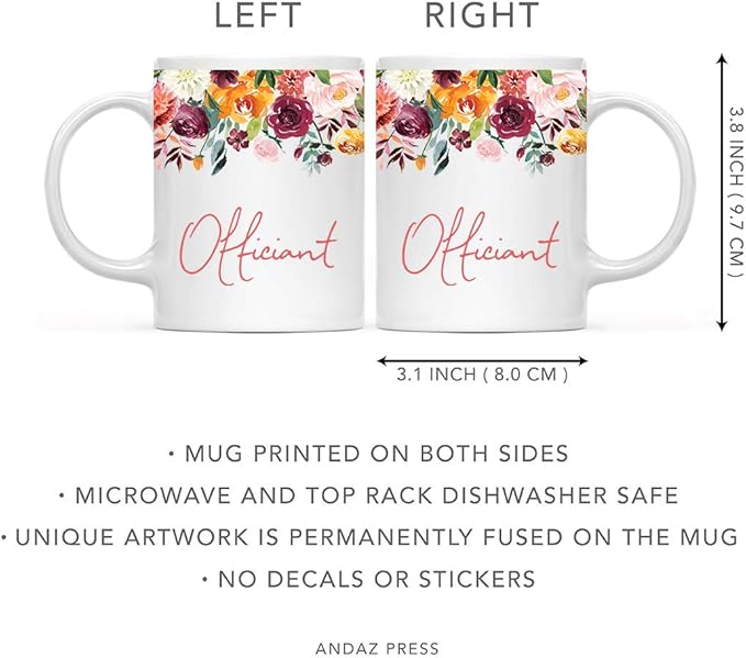 Andaz Press 11oz. Wedding Ceramic Coffee Tea Mug Gift, Fall Autumn Burgundy Orange Peach Flowers Roses Florals, Officiant, 1-Pack, Includes Gift Box