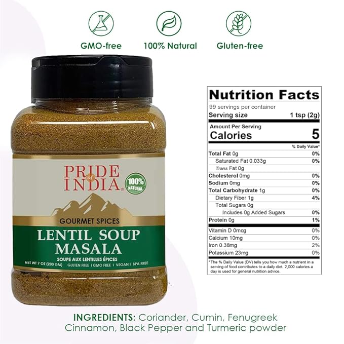 Pride of India - PACK of 6 - Lentil Soup Masala – Authentic Indian Taste- Spice Blend for Lentil Soups and Stews-Flavorful Mix-Easy to Use-7 oz. Medium Dual Sifter Jar- For Vegans & Vegetarians