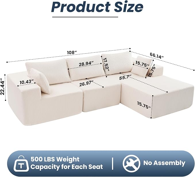 DUMOS 108” Modular Sectional Sofa, Cloud Sectional Couch - Image 2