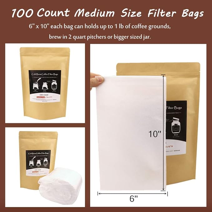 Disposable Cold Brew Coffee Filters - 100 Count Single Use Filter Sock Packs Sturdy Fine Mesh Brewing Bags for Concentrate, Iced Coffee Maker, French/Cold Press Kit, Tea in Mason Jar, 6'' x 10''