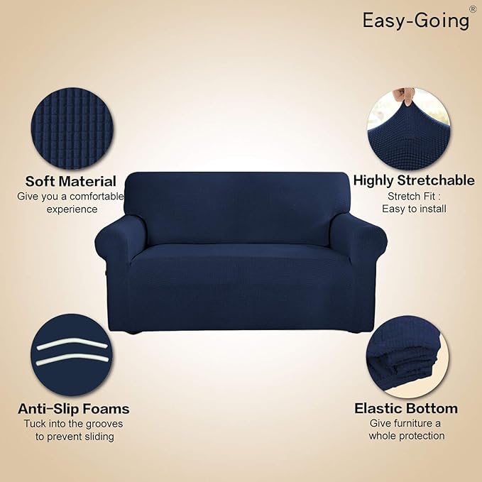 Easy-Going Stretch Loveseat Couch Covers Washable Navy | 1-Piece Loveseat Covers - Image 4