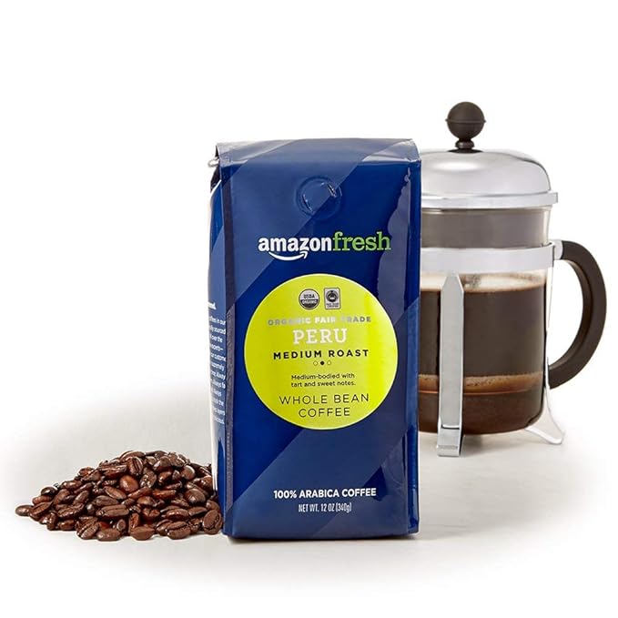 AmazonFresh Organic Fair Trade Peru Whole Bean Coffee, Medium Roast, 12 Ounce (Pack of 2)