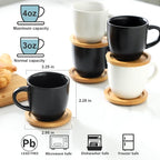 Hasense 4 OZ Espresso Cups and Saucers Set of 6, Demitasse Cups with Handle for Latte, Cappuccino, Cafe Mocha and Tea, Porcelain Coffee Cups for Coffee Bar and Party, Black