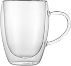 Restaurantware-Forma Professional 11.8 Ounce Glass Coffee Cups, 2 Insulated Coffee Cups With Handle - Dishwashable, Reusable, Clear Double Wall Beverage Tumblers, Freezable, For Hot Or Cold Beverages