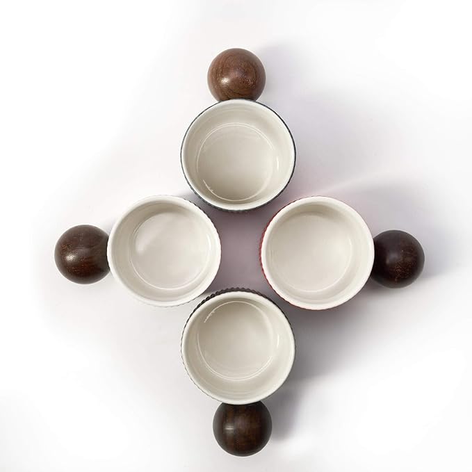Ceramic Mini Espresso Cups Demitasse Cups with Round Wooden Handle Vertical Stripes Tea Cups (white, 2pcs)