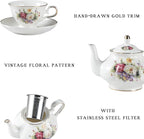 Sweejar Ceramic Teapot with Infuser, Floral Relief Gold Rimmed Teapot, 29 OZ Porcelain Tea Pot for Blooming and Loose Tea, Coffee...(Flower Style)