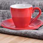 homEdge Porcelain Espresso Shot Cup Set with Saucers and Stainless Steel Spoons - 80 ml / 2.67 oz, Set of 4, Red
