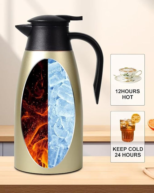 1.9L Thermal Coffee Carafe for keeping hot, Carafe for hot liquid, Airpot Insulated Coffee Carafe Stainless Steel Vacuum Thermal Pot for Coffee, Hot Water, Tea, Keep Hot 24 Hours (2 gold)