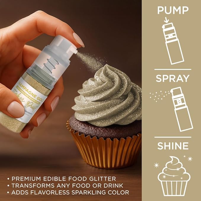 Bakell - Champagne Gold Tinker Dust Edible GLitter (4g, 1x Mini Spray Pump) for Food, Desserts, and Beverages!