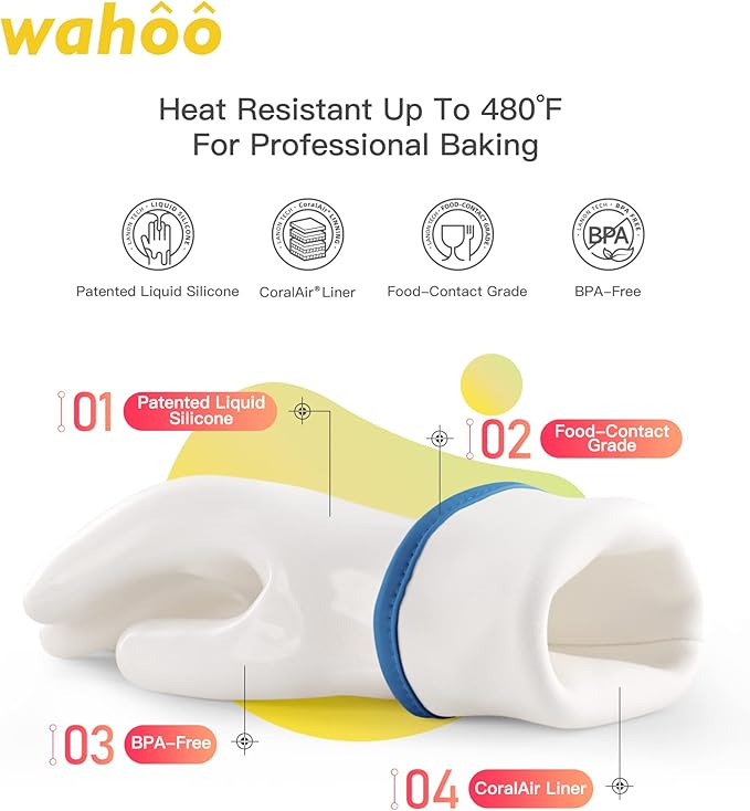 wahoo Professional Liquid Silicone Oven Mitts Gloves, Heat Resistant Gloves for Cooking, Baking, CoralAir Liner, 12 Inch, White, XXL