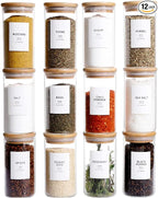 12 Pcs Glass Spice Jars With Bamboo Airtight Lids, 8oz Thicken(2.4mm) Spice Containers With 148 Minimalist Preprinted Waterproof Spice Labels, Kitchen Empty Small Storage Jars For Seasoning, Herb