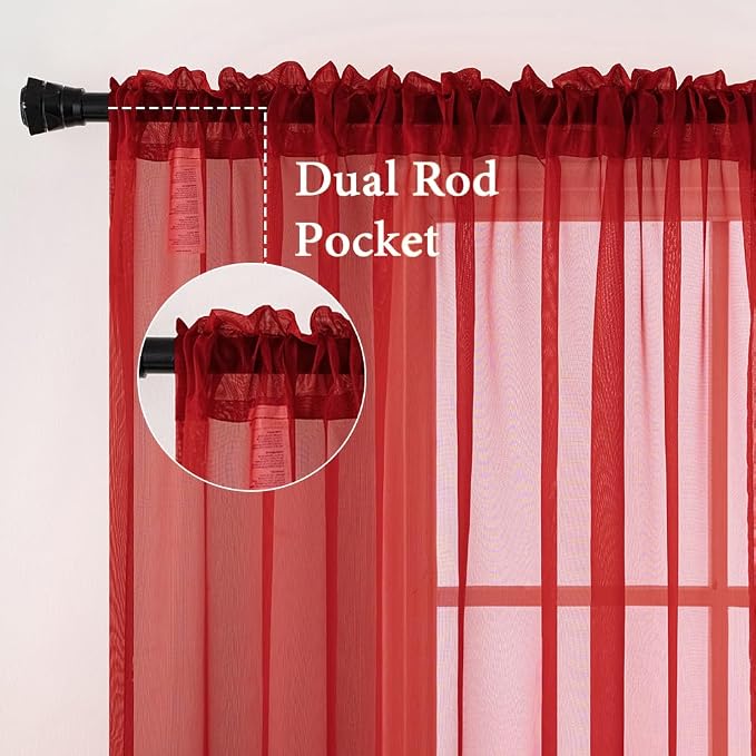 MIULEE 2 Panels Red Sheer Christmas Window Curtains 54 X 96 Inches | Solid Color - Image 3