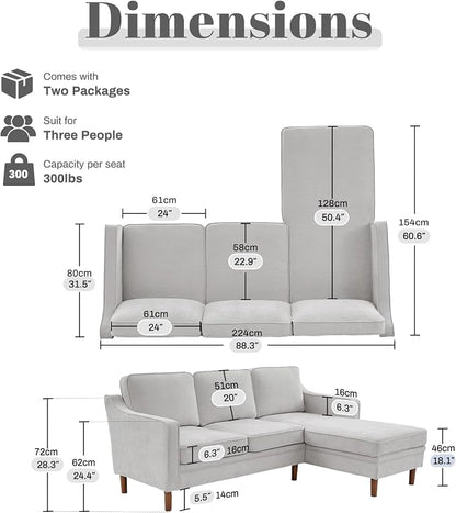 Kingfun 88" L-Shape Sofa, Chenille Sectional Couch, Mid Century Modern Couches - Image 2