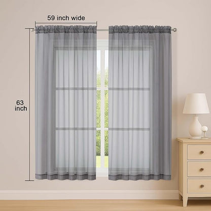 Sheer Grey Curtains, Sheer Curtains 63 inch Length 2 Panels Set, Rod Pocket - Image 2