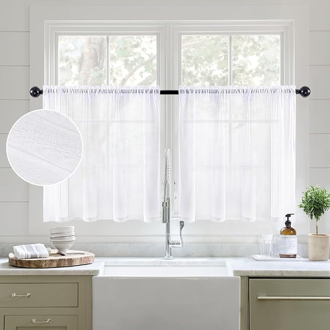 MIULEE White Sheer Curtains 24 inch Length Linen Textured Kitchen Window by MIULEE