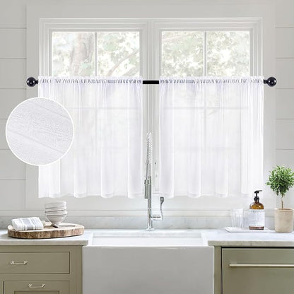 MIULEE White Sheer Curtains 24 inch Length Linen Textured Kitchen Window by MIULEE