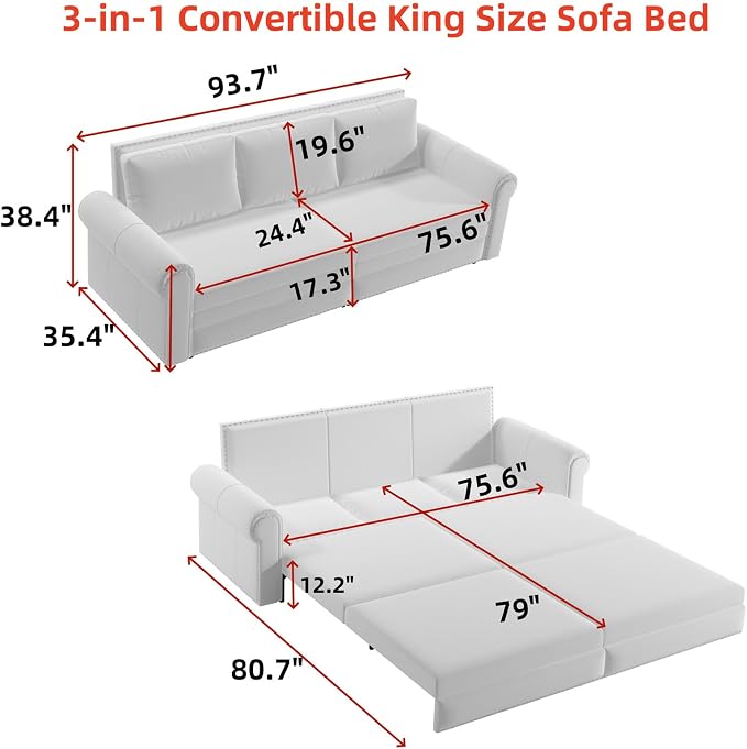 93.7" King Pull Out Sofa Bed, 3 in 1 Convertible Sleeper Sofa Couch 3-Seater - Image 2
