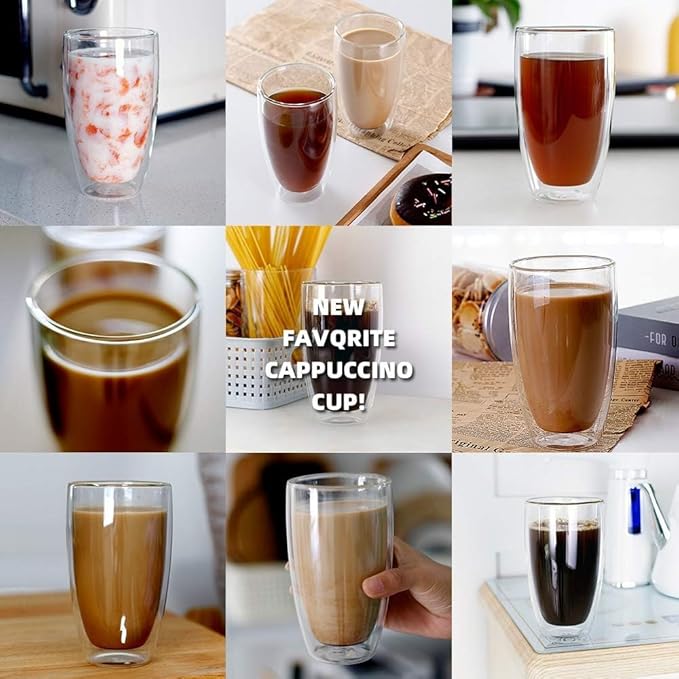 Glass Coffee Mugs Set of 2, Insulated Thermal Cups 15.2oz, Double Wall Clear Glass Coffee Cup for Tea/Juice/Milk, Latte Cappucino Espresso mug Glassware Gift for Christmas Birthday