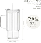 KEMORELA 2PCS 20 Oz Ribbed Glass Tumblers with Lids & Straws – Handle Iced Coffee Cups, Reusable Clear Drinkware for Smoothies & Cold Beverages – Dishwasher Safe