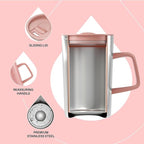 Ideus Vacuum Insulated Coffee Mug, 16oz Reusable Stainless Steel Thermal Double Walled cup with Handle and Slider Lid for Hot & Cold Beverages, BPA Free (Leapord Pink)