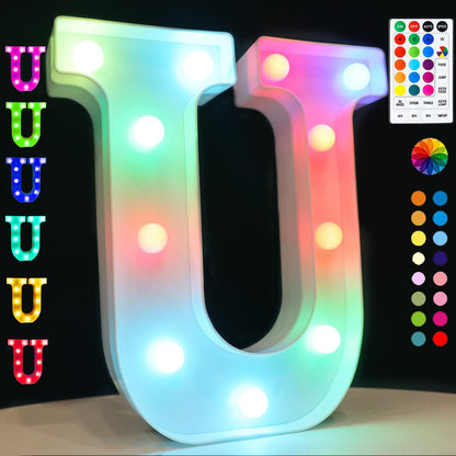 Light Up Colorful LED Marquee Letter lights, 18 Colors Changing Alphabet Letters Sign with Remote Timer for Night Light Girls Bedroom Wedding Birthday Party Lamp Christmas Home Bar Decor- Colorful U