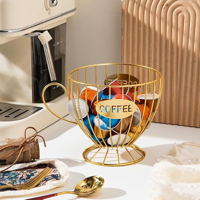 Extra Large Capacity Coffee Pod Holder, Counter Organizer, Capsule Basket, Coffee Bar Accessories for K-cup Kitchen, Dining Room, Office, Home, Cafe, Hotel (Gold)