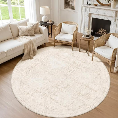 Round Area Rug Living Room: 8ft Neutral Washable Carpet Rug Beige | Vintage by Luxturiy