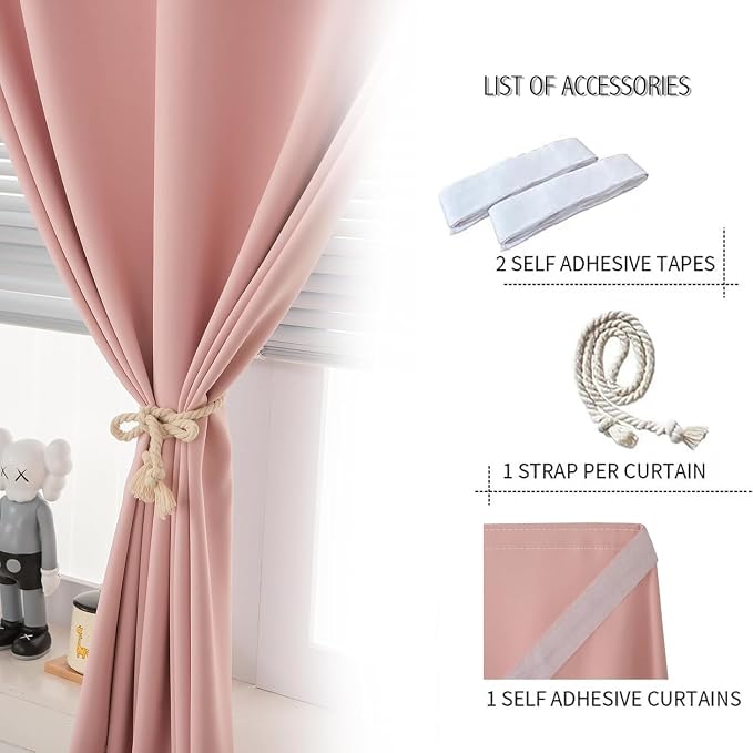 Thermal Blackout Curtains with Self-Adhesive Tape, No Rod No Drill Easy Install - Image 7