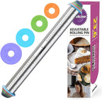 Adjustable Rolling Pin with Thickness Rings for Baking, Adjustable Stainless Steel Designs Dough Roller Pins for Cookie Decorating & Dough Pizza Pie Adjustable Long Rolling Pin 23.6 Inch
