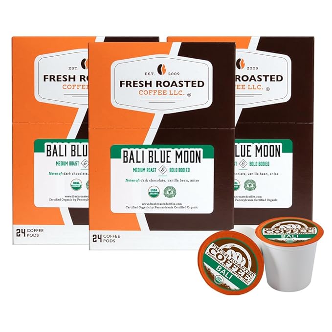 Fresh Roasted Coffee, Organic Bali Blue Moon | USDA Organic, Kosher | Medium Roast 72 Pods for K Cup Brewers