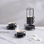 YOLIFE 2.5oz Porcelain Stackable Espresso Cups with Saucers and Metal Stand Set of 4, Stackable Cappuccino Cups, Black Expresso Shots Cup Set for Coffee Drinks, Latte, Tea