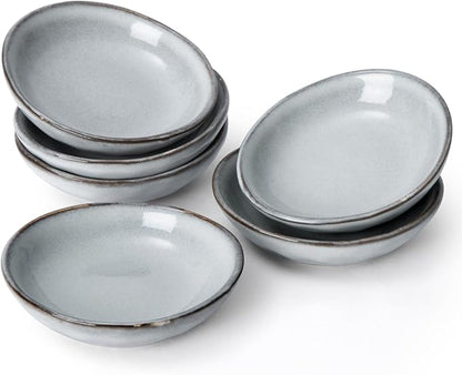 famiware Ocean Soy Sauce Dishes of 6, Oval Dipping Sauce Cups/Bowls/Dishes for Kitchen, 2.1oz Ceramic Small Bowls for Side Dish, Appetizers, Snacks, and Sushi, Reactive Glaze, Dishwasher Safe, Grey