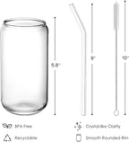 NETANY Drinking Glasses with Glass Straw 4pcs Set - 16oz Highball Glass Cups, Beer Glasses, Iced Coffee Glasses, Cute Tumbler Cup, Ideal for Whiskey, Soda, Tea, Water, Gift, 2 Brushes