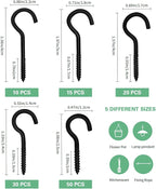 125 Pcs Screw Hooks in 5 Sizes – Cup Hooks for Hanging Plants, Mugs, Lights, and Ceiling Storage (Black)