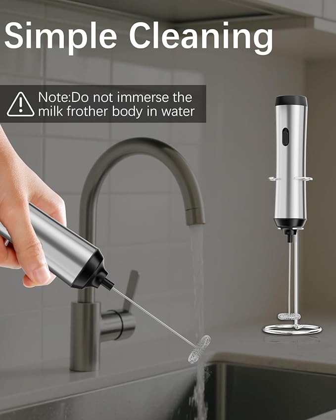 Rechargeable Milk Frother with Stand, Electric Frother Wand Handheld Coffee Foam Maker Detachable Stainless Steel Whisk Drink Mixer Foamer for Latte, Cappuccino, Hot Chocolate, Egg (Silver-1)