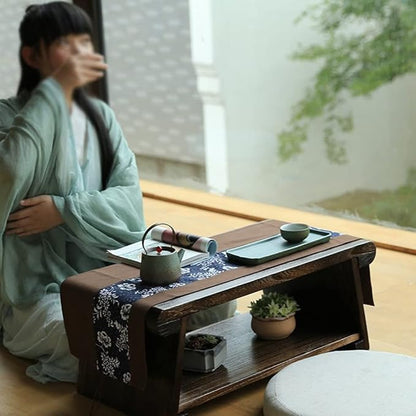 Solid Wood Vintage Folding Japanese Tea Table, Foldable Low Table, 2-Tier - Image 5