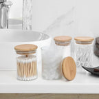 4 Pack Glass Qtip Holder Dispenser Set - Apothecary Jars with Lids for Vanity Makeup Organizer - Bathroom Canister Storage Organizer for Cotton Ball, Swab, Round Pads,Floss