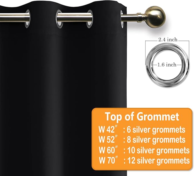 Grommet Blackout Curtains for Bedroom 60 x 72 Inches Black 2 Panels | Thermal - Image 5